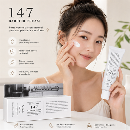 Infografia del 147 Barrier Cream: hidratacion, barrera, ceramidas y acido hialuronico